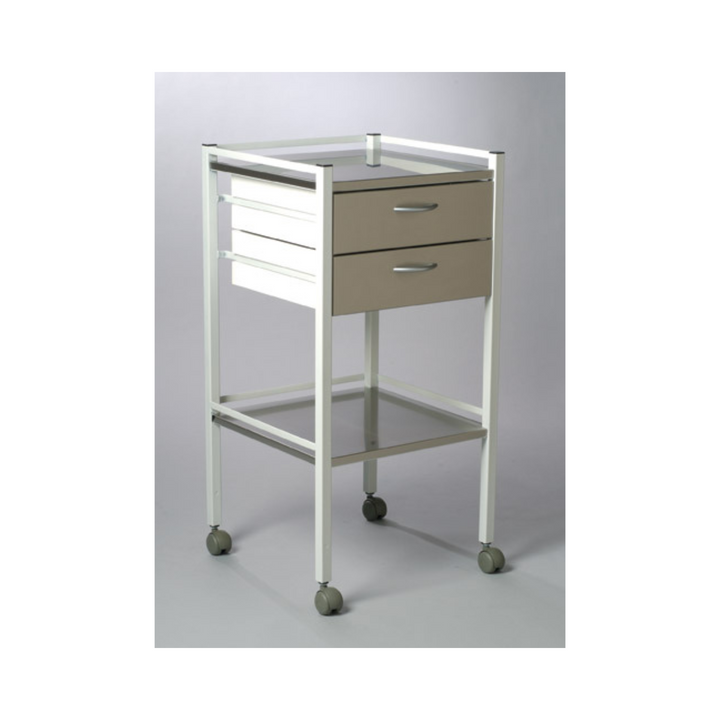 Duracare Cart – Powder Coated Finish with Stainless Steel Drawers, Built for Durability, 2 Shelves with Side Rails, 2 Drawers, and 4 x 75mm Castors.