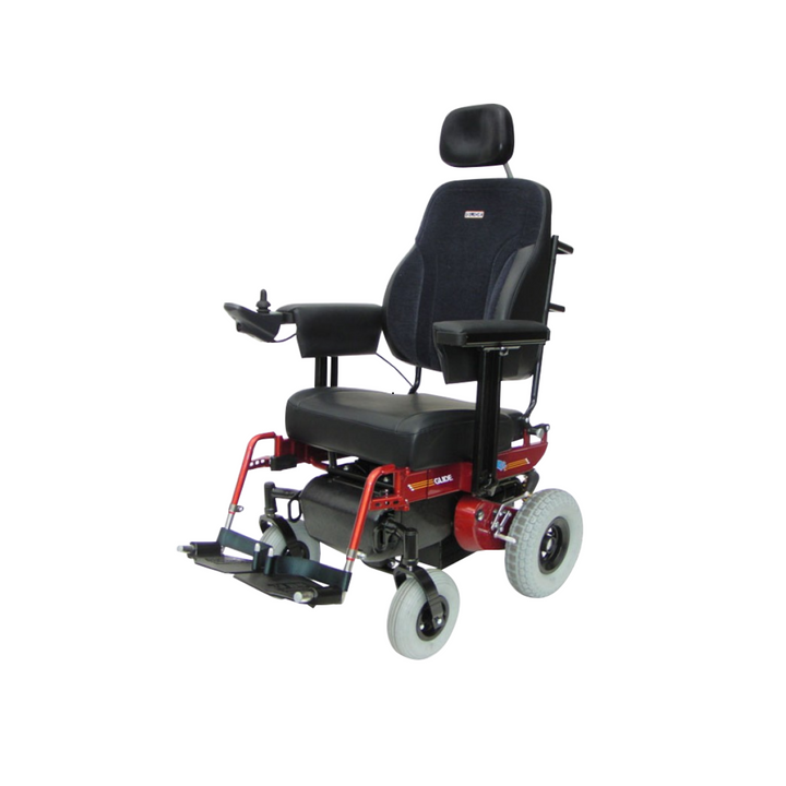 image of a red power chair with a headrest, adjustable footrest, and a black cushioned seat