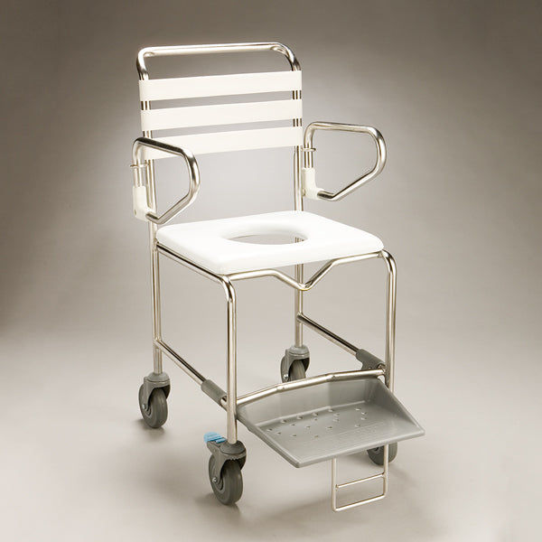 shower commode with swingback arms for side transfers, a PVC slatted backrest and footrest that slides back under frame to assist patient transfers