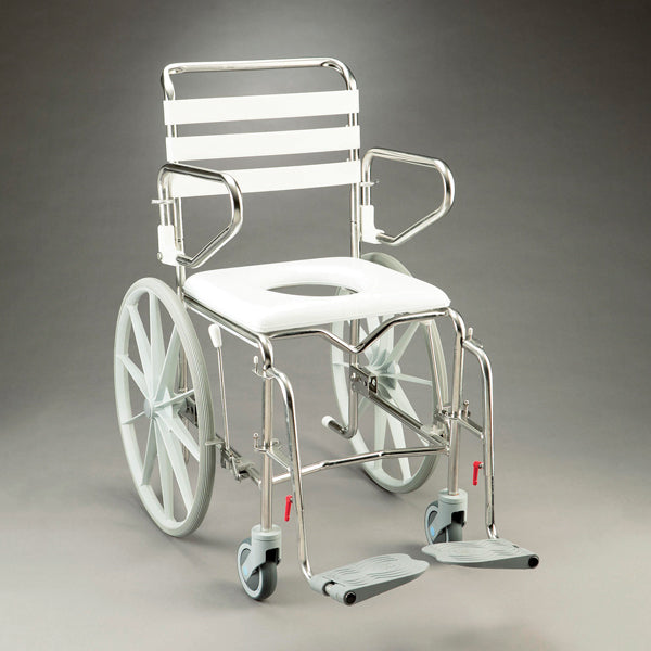 The image shows a durable, lightweight commode chair with a white, open-front seat, armrests, and a high backrest. It features large rear wheels for self-propulsion, front caster wheels, and foldable footrests for added support.