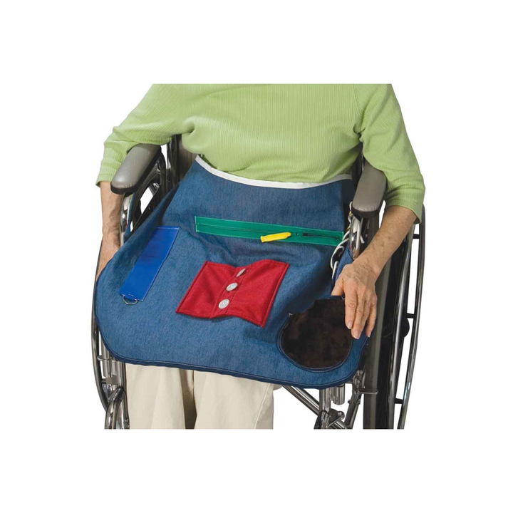Activity Apron Provides visual and tactile stimulation for clients with diminished cognitive function. Bright colors and texture variation. Threading and buttoning activities help improve fine motor skills. Center plastic pocket holds photo. Secures like an apron around the patient's waist. Machine washable. Suitable for Alzheimer's patients.