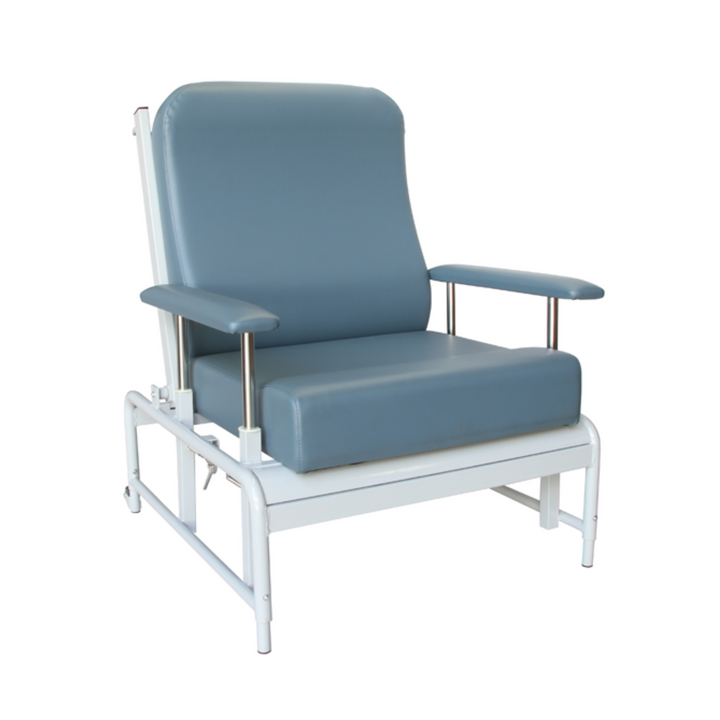 Adjustable height orthopaedic chair with contoured backrest and seat. Features removable drop-down arms for side transfer, adjustable seat depth, and mobility wheels for easy manoeuvring.