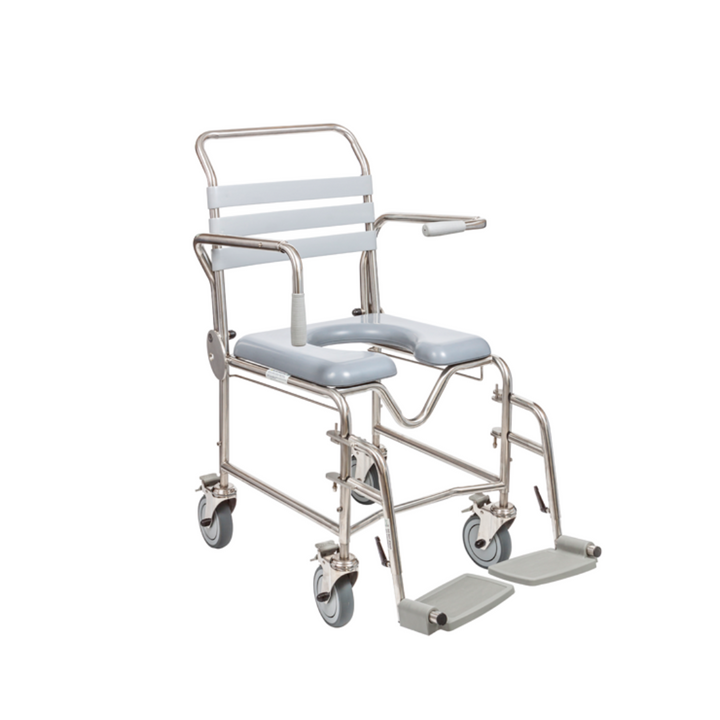 Open armrest commode with rear opening for optimal positioning, swing-away height-adjustable legrests, and pressure care seat options for user comfort.