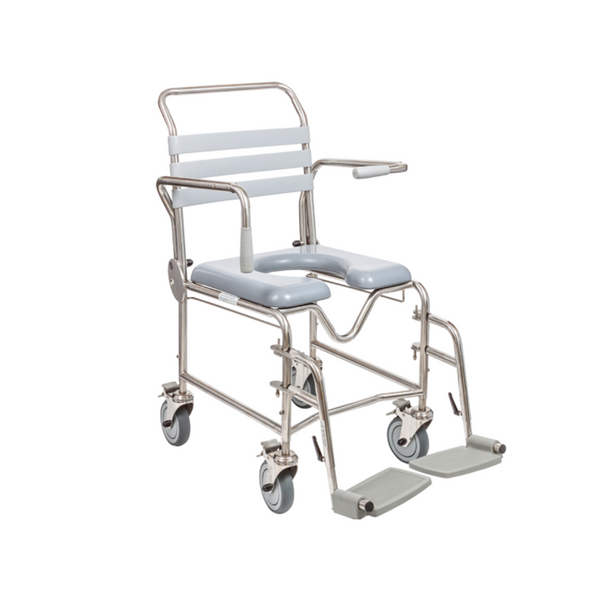 Designed for showering and toileting, with swing-away footplates for easy transfers, rear access for toilet positioning, and a durable stainless frame.