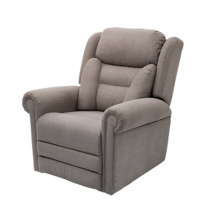 The Alivio Donatello Recliner Chair with independent motors for adjustable headrest, lumbar, backrest, and footrest. Features a two-stage lift, lay-flat design, and extendable footrest for ultimate comfort. Stylish, ultra-durable fabric and easy-to-use hand controller.