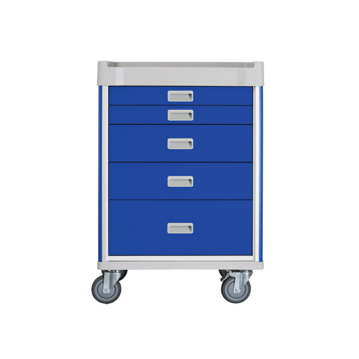Designed for Anaesthesia Departments with Lockable Narcotics Drawer, Customizable Accessories, and Specialized Functions to Meet Departmental Needs. Features ABS Top with Slide-Out Work Surface, Dividers in Two Drawers, Central Key Lock Control, Push Handle, Multi-Functional Top Accessories, and 4 x 125mm Swivel Castors (Two Locking, One Directional). 