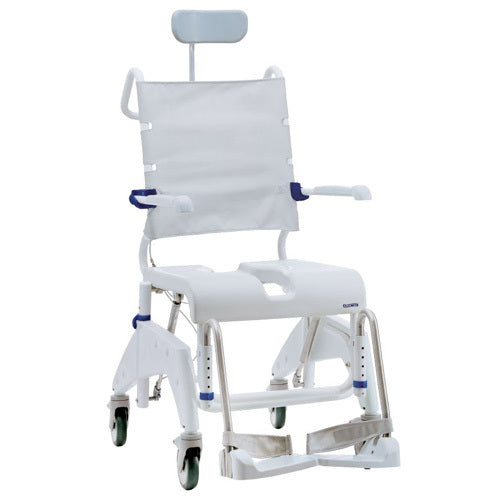 white shower commode with head , arm and leg rest 