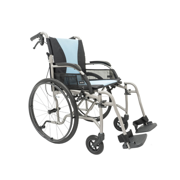 a black and blue wheelchair with two wheels and swing away leg rests and  dual push-to-lock brakes, removable or flip-away anti-tip wheels.