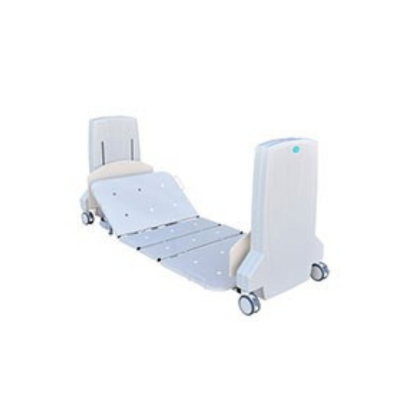 Floorline bed with electric hi-low, backrest, kneebend, and Trendelenburg functions. Includes headboards and 125mm locking castors for easy mobility.