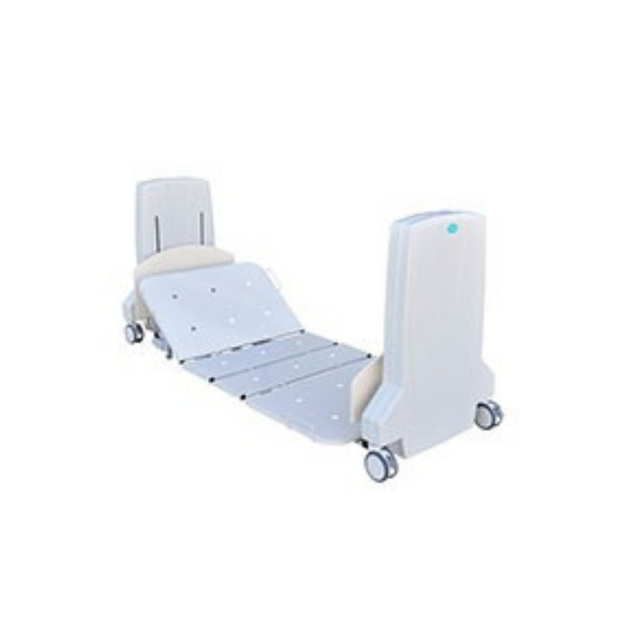 Floorline bed with electric hi-low, backrest, kneebend, and Trendelenburg functions. Includes headboards and 125mm locking castors for easy mobility.