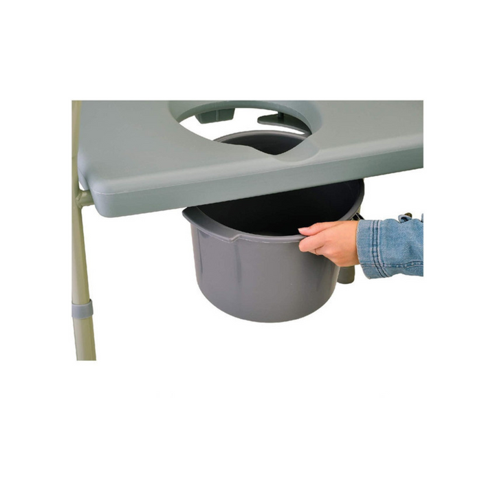 The Heavy Duty Bariatric Commode has an extra-wide design, capable of supporting up to 500 lbs. It has a toilet seat opening of 8" x 10.5", and comes complete with a bucket, lid and splash guard.