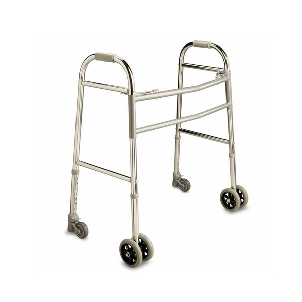 
Silver walking frame with adjustable high handles, grey foam grips, and wheels on each leg for enhanced mobility