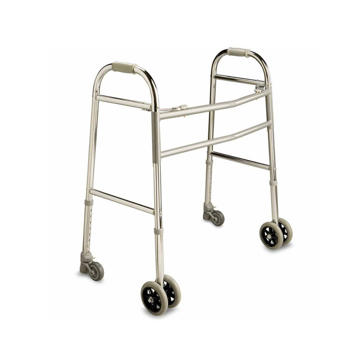 
Silver walking frame with adjustable high handles, grey foam grips, and wheels on each leg for enhanced mobility