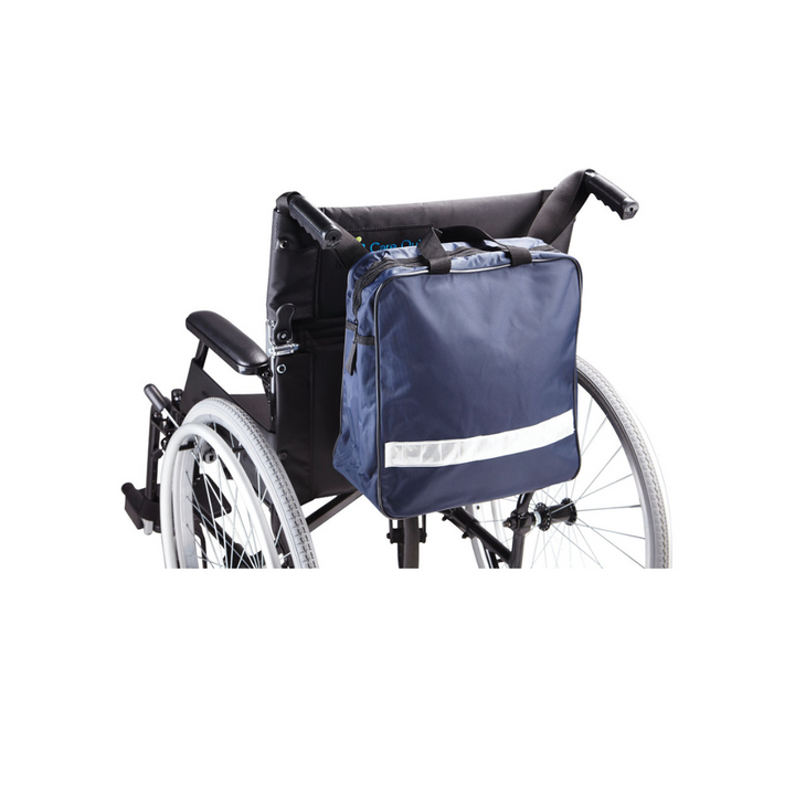 Nylon wheelchair storage bag attached to backrest with Velcro, featuring a large zippered compartment for personal items.