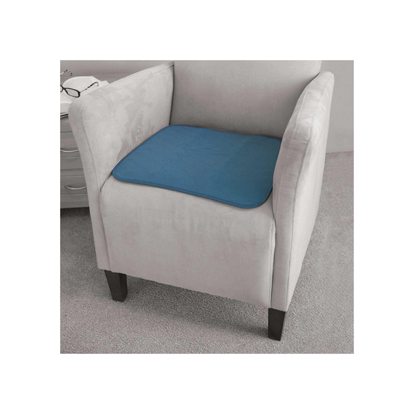 Grey chair with a blue chair protector placed on the seat