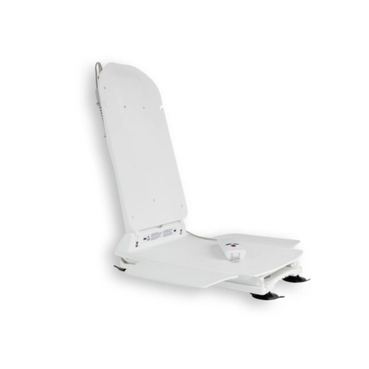 A white seat with a tall back rest 