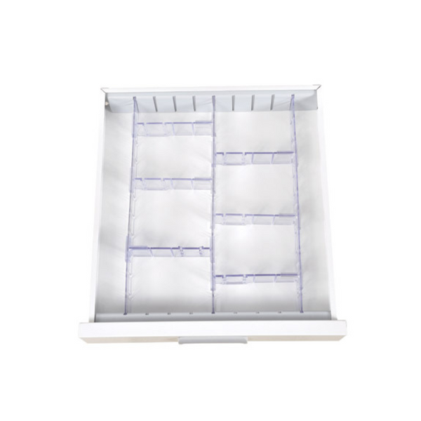 Divider set for mini, narrow, and double cart range: 3 short dividers, 6 adjustable dividers, 6 T clips for securing, and 2 locating strips for efficient organization.