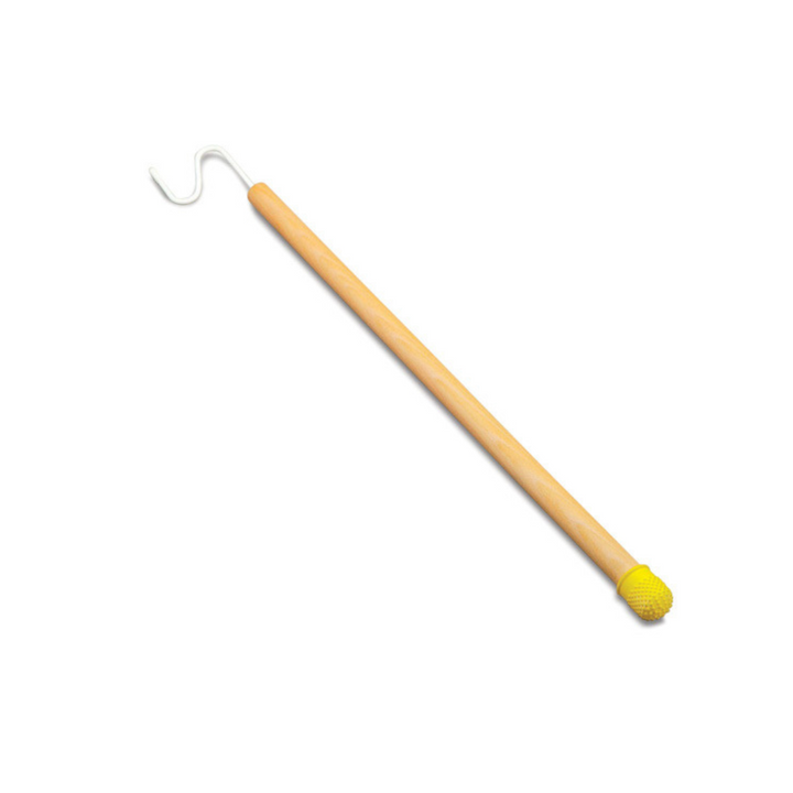 a long wooden stick with a rubber tip on one end and a S shaped shook on the other end