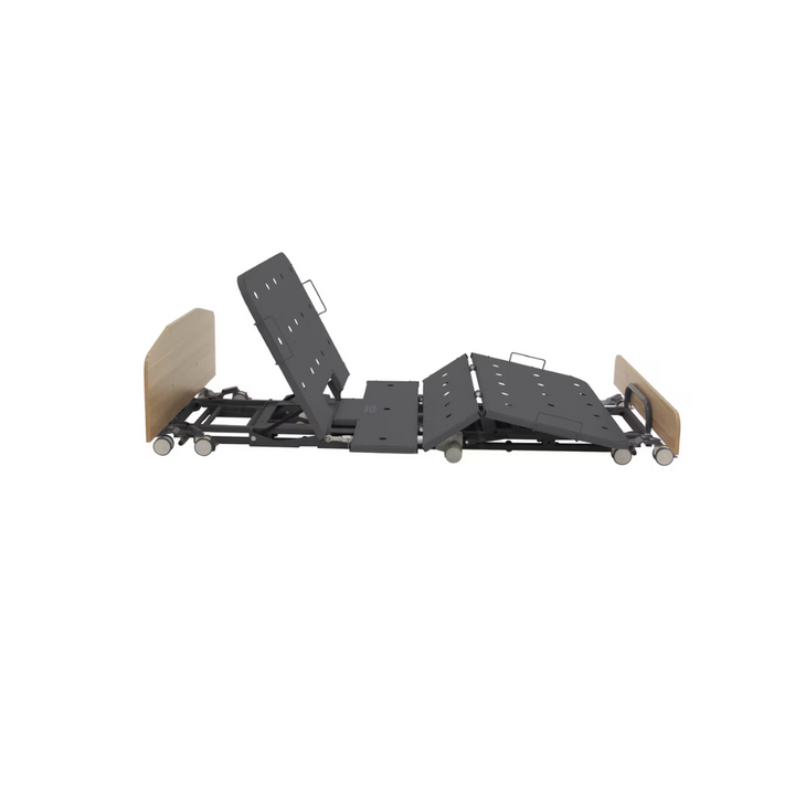 Low-height floorline bed with electric functions, dual 200/300kg SWL, and auto-regression. Ideal for fall prevention and safe, easy patient transfers.