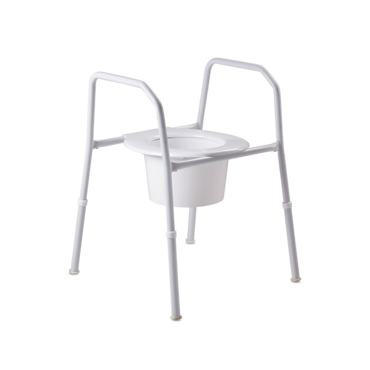 Over toilet aid, with long legs and raised arms for support and a removeable toilet bowl