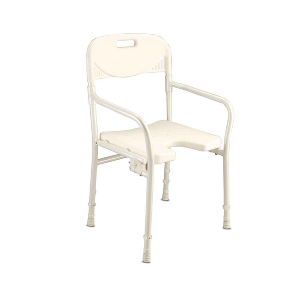 Shower Chair with a cut-away plastic seat mounted on a aluminium frame. Designed with a backrest and armrests.