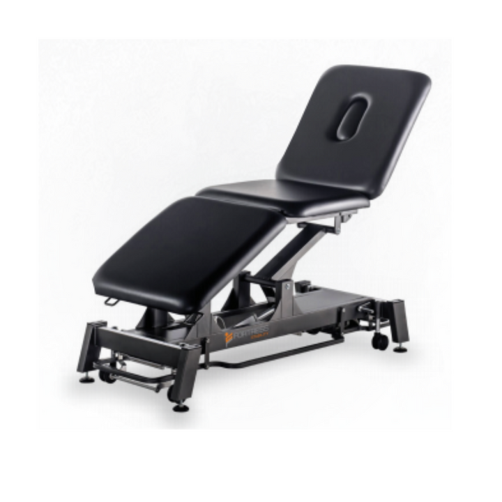 Electric Hi-Lo medical table with all-round foot control for 360° access, retractable heavy-duty castors, leveling feet, and German motors. Features angled legs for stability, true dual backrest design, side brackets for exercise products, and epoxy powder-coated frame. 