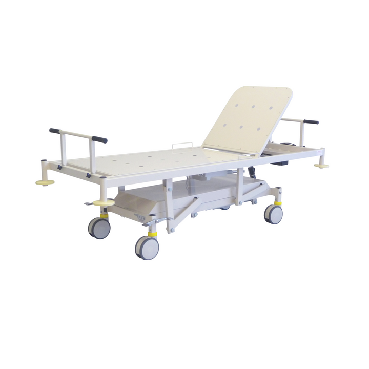 Electric hi-low patient trolley with electric backrest, forward and reverse Trendelenburg functions, 150mm twin wheel central locking castors, push handles, battery backup, four corner buffers, and compatible side rails for the Duracare 4000 Series.