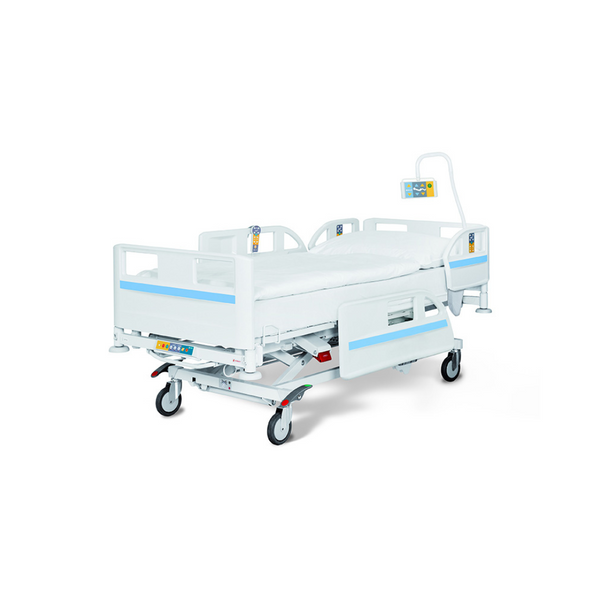 Durable design with cardiac chair, side rail safety lock, and 5th castor for transport. Built for comfort, even for tall patients in care settings.