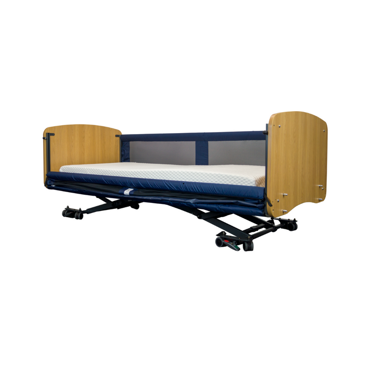 Bed with one fabric side rail and a wooden head and foot rest