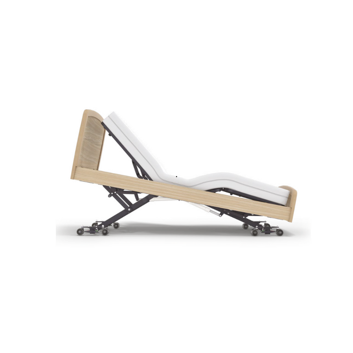 bed with a head and foot board in a wooden finish mounted on metal frames that enables the bed to move and locked into position