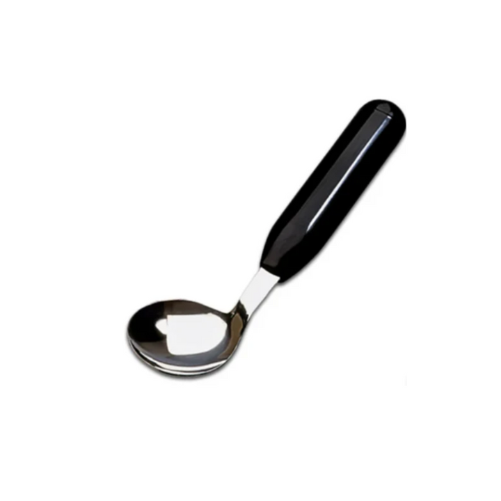Adaptive spoon with a black ergonomic handle and a curved stainless steel bowl, designed for individuals with limited hand mobility or dexterity challenges.