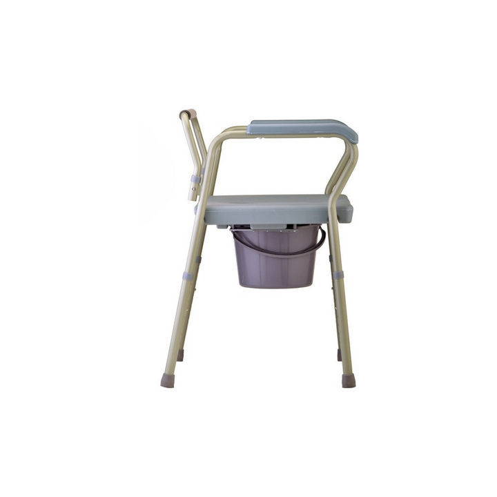 The Heavy Duty Bariatric Commode has an extra-wide design, capable of supporting up to 500 lbs. It has a toilet seat opening of 8" x 10.5", and comes complete with a bucket, lid and splash guard.