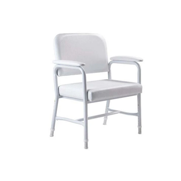 A white chair with a padded backrest and arms with a extra wide seat