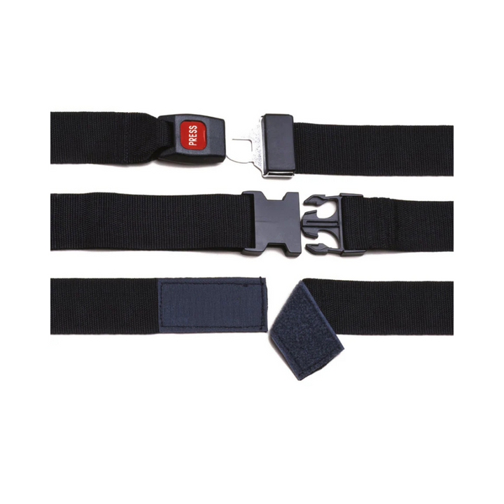 Wheelchair lap belt with adjustable length, fastened to wheelchair frame to support user positioning and safety – not for use as a restraint.