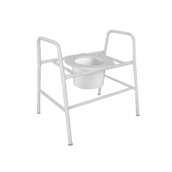 Over toilet aid with a raised seat, wide reinforced frame for bariatric use, lift-back seat, removable splashguard, non-slip rubber tips, and powder-coated, zinc-treated steel construction for rust resistance.