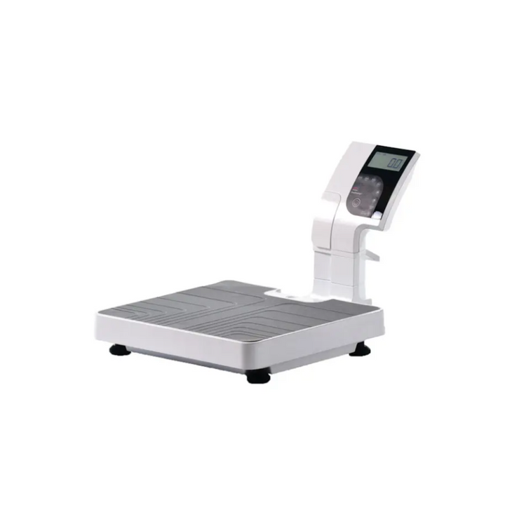 A digital weighing scale featuring a clear 5-digit LCD display with movement compensation technology, BMI function, Zero/Hold/Print options, and automatic reweigh. The scale supports updatable firmware and offers optional Bluetooth connectivity with a 250kg capacity.