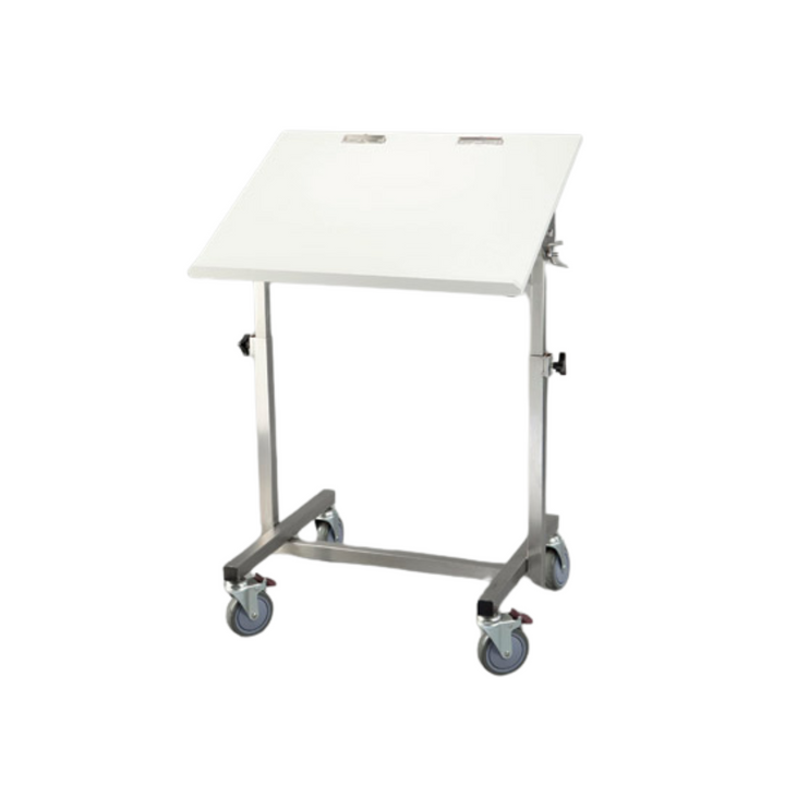 Flow chart table with full-width pen/pencil holder, one-handed tilt mechanism, and customizable design for healthcare and office use.