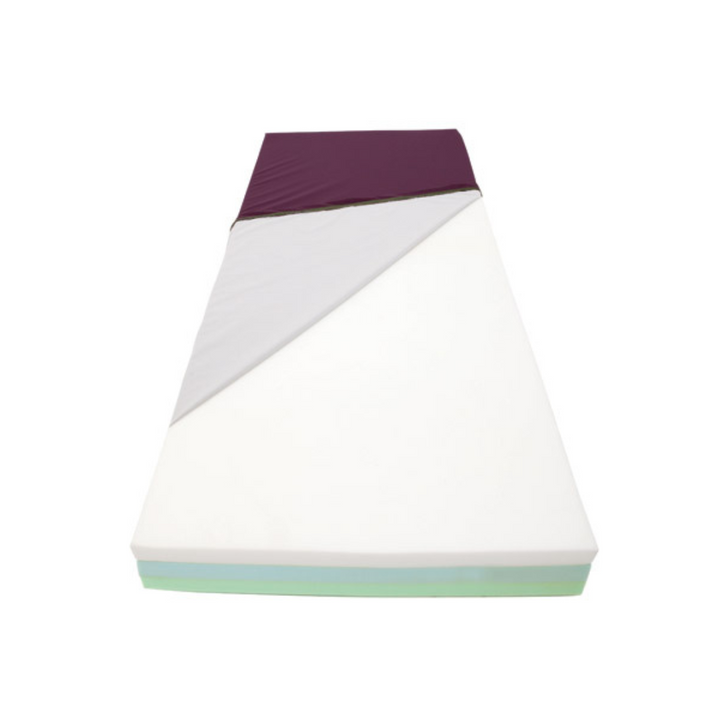 Cross-section of a mattress showing visco-grade memory foam upper, resilient mid-core, firm base layer, with a 2-way stretch, vapour permeable waterproof cover, heavy-duty base, anti-fluid flap, and antibacterial treatment.