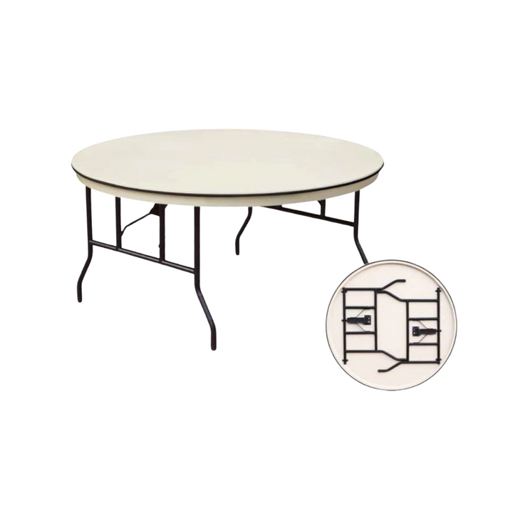 Round folding table with high-gauge steel frame for rigidity and Pro-Edge for added durability, perfect for long-lasting, reliable use in any setting.