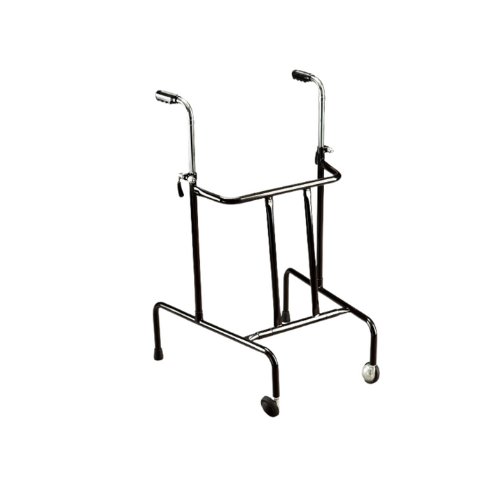 Forearm walker with black powder-coated steel frame, foldable design, adjustable forearm gutter height and handgrips, swivel castors, ideal for indoor use and users with limited hand or wrist strength.