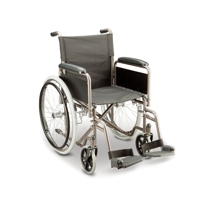 The Gladiator MK22 wheelchair has swing away removable legrests and removable armrests. Fitted with breathable padded nylon upholstery and a rear backrest storage pocket.