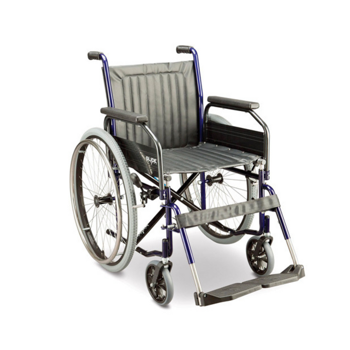 Glide 1 Wheelchair is built for long-term use in hospitals and care facilities. It features a strong stainless steel folding frame, durable vinyl upholstery, and practical components like swingaway legrests, removable armrests, and a calf strap for added support.