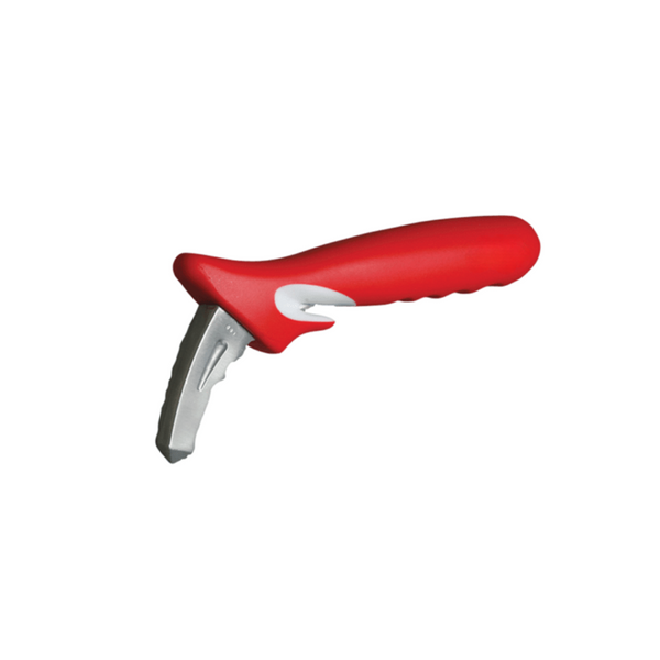 A red handle with a metal curved element attached to it