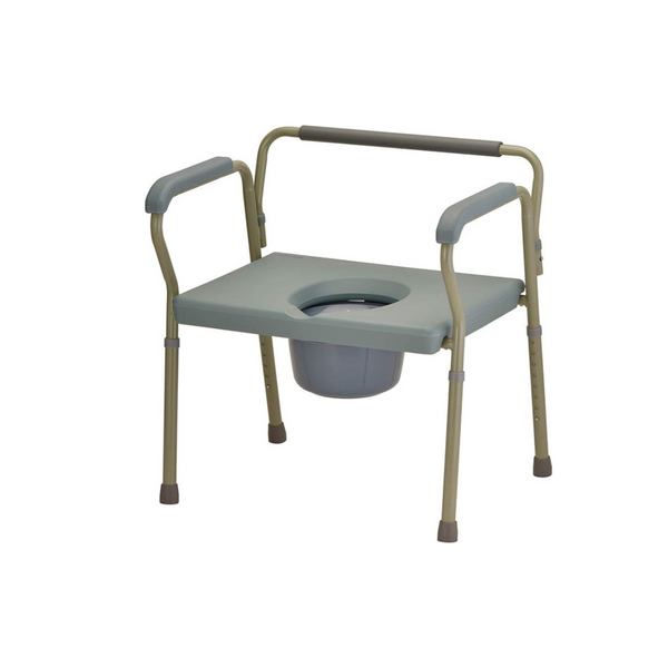 The Heavy Duty Bariatric Commode has an extra-wide design, capable of supporting up to 500 lbs. It has a toilet seat opening of 8" x 10.5", and comes complete with a bucket, lid and splash guard.