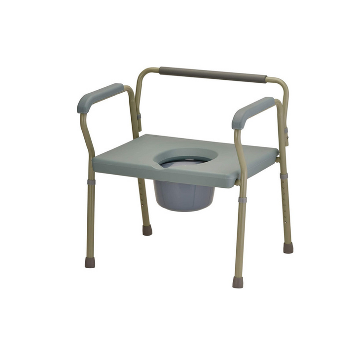 The Heavy Duty Bariatric Commode has an extra-wide design, capable of supporting up to 500 lbs. It has a toilet seat opening of 8" x 10.5", and comes complete with a bucket, lid and splash guard.