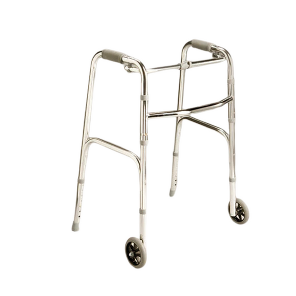 silver walking frame with wheels on the front two legs and a cross bar for additional support. and padded handles for better grip