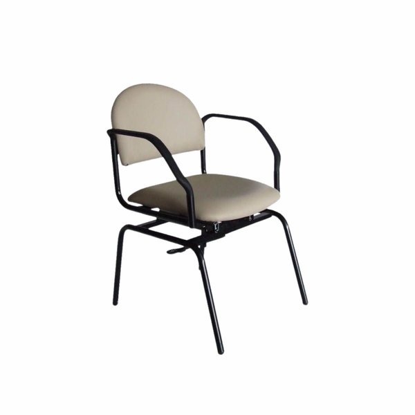 The Revolution Swivel Chair features a unique “swivel-slide” mechanism that allows the seat to turn and slide while the legs remain stationary, providing easy access for people of all abilities, including those in wheelchairs or with limited mobility.