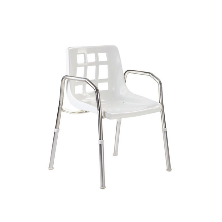 A Lightweight Shower Chair that offers durability and corrosion resistance, with height-adjustable legs, a contoured seat, and non-slip feet for safe, stable use in wet conditions.