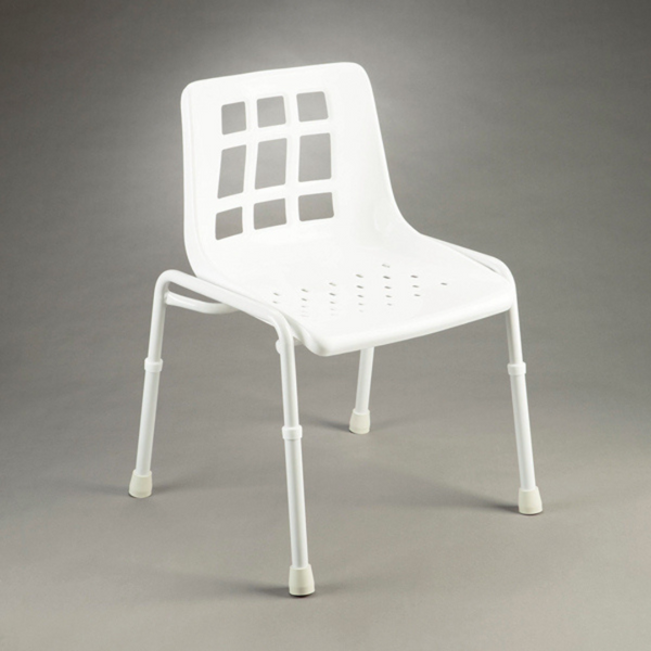 Height adjustable with unrestricted side access for transfers, drainage slots to remove water, non-slip rubber tips, rust-resistant electrophoretic surface, and a powder-coated steel frame.