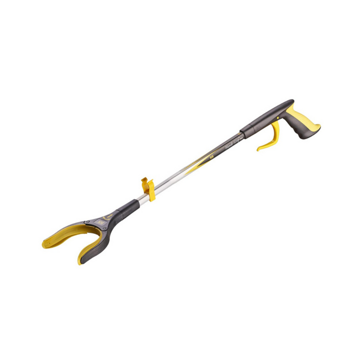 grey grabbing tool with a handle and lever to enable the claw on the other end to pick up items or hold hard to reach items